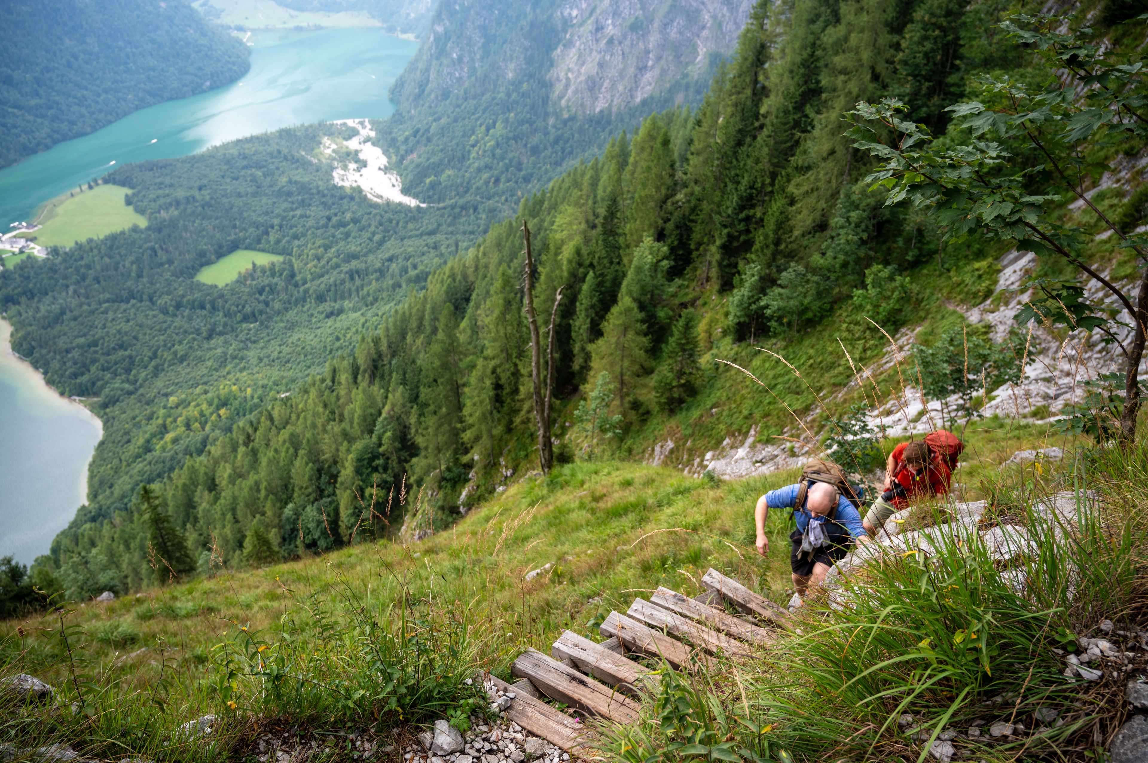 Hikers climbing a trail